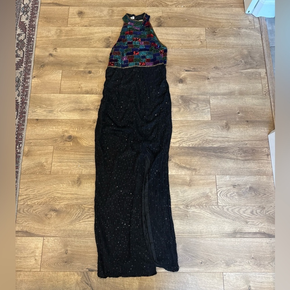 Vintage 90s Silk Halter Gown Sequin Beaded Black & Jewel Tones Formal Size L